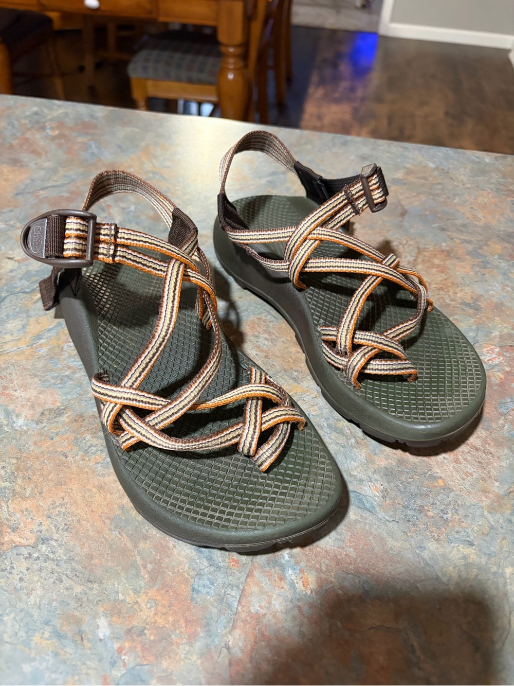 Chaco Olive Green Sandals with Brown and Orange Straps